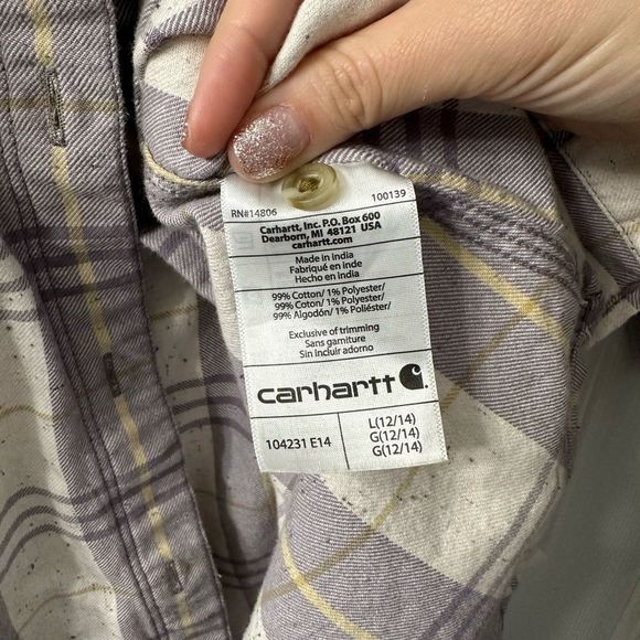 Carhartt Women's Relaxed Fit 3/4 Sleeve Plaid Shirt Gule Gray purple tan Large - Picture 5 of 12